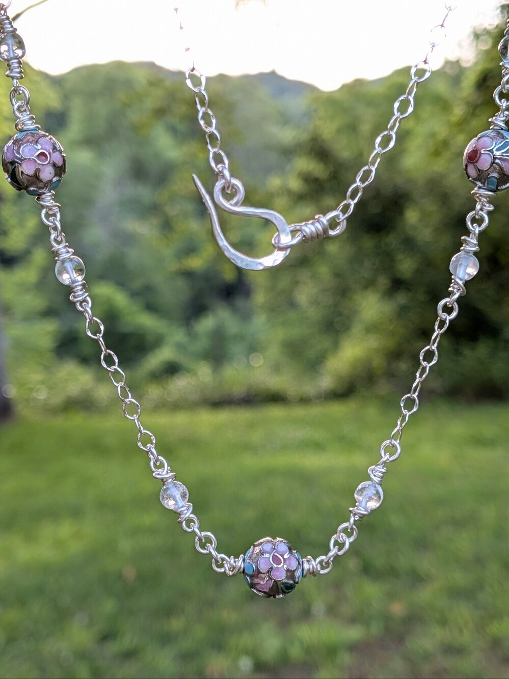 Sterling Silver Flower Necklace - Vintage Cloisonne Beads - Topaz Gems - Picture 5 of 14